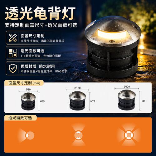 侧发光地埋灯龟壳灯嵌入式1W3W防水台阶步道不锈钢单透光龟背灯