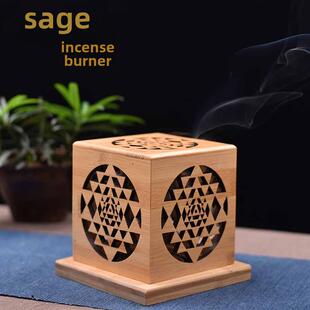 几何图白鼠尾草净化炉熏香盘香炉水晶之花竹木制镂空香盒香托香座