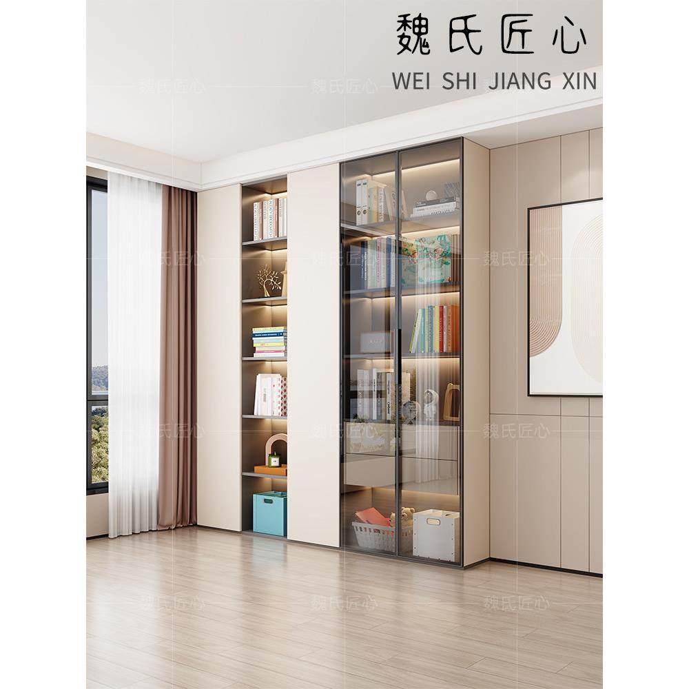 定制的玻璃门整墙一体的书柜收纳柜现代简约一墙到顶的家庭书架展