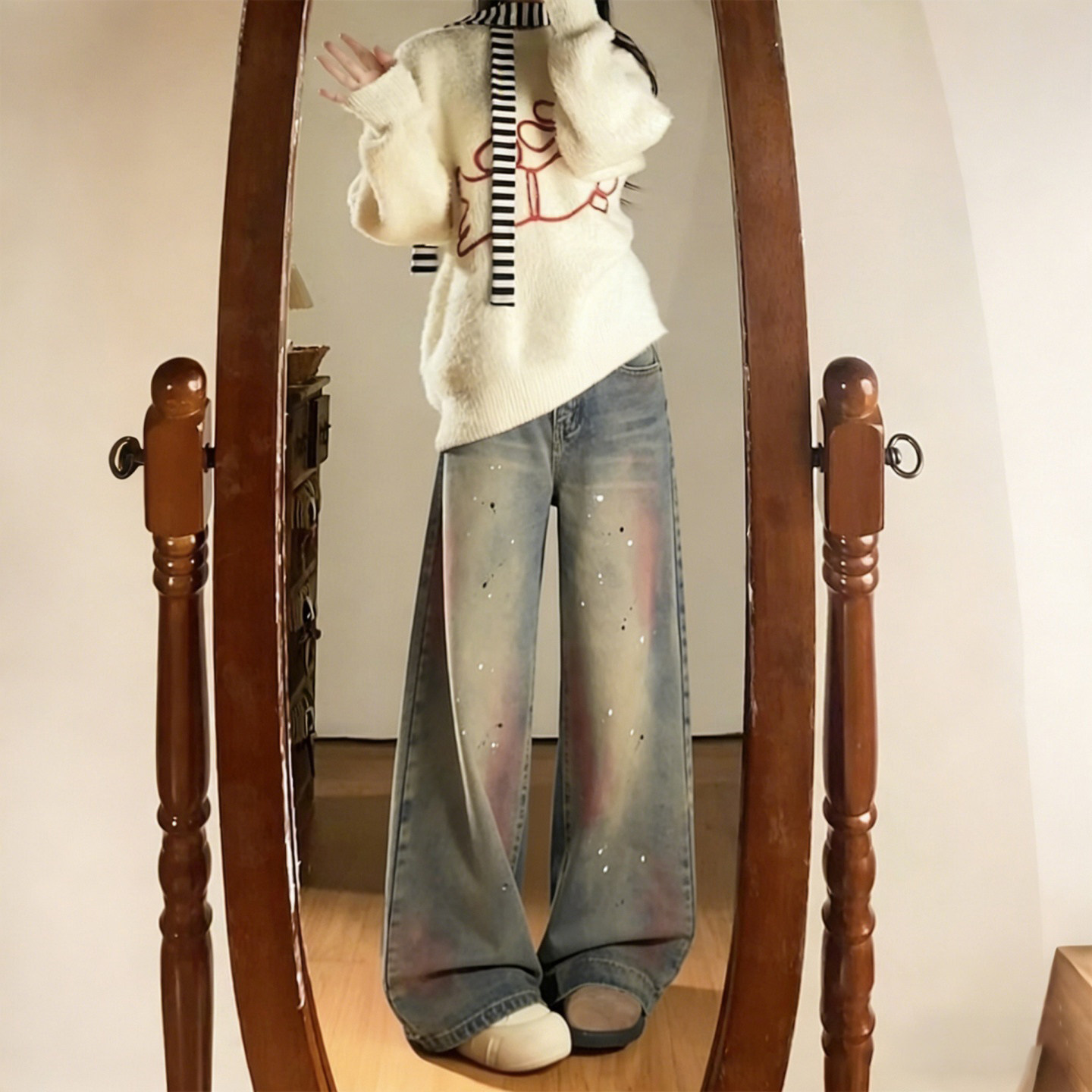 300斤大码女装胖mm美式复古泼墨牛仔裤女高腰显瘦宽松直筒阔腿裤,女装/女士精品,大码裤装,淘宝优惠券,粉丝福利购,淘宝优惠卷