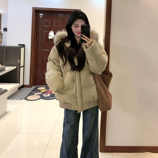 宽松显瘦保暖外套高级感百搭棉袄 胖mm连帽毛领棉服女冬季 大码 女装