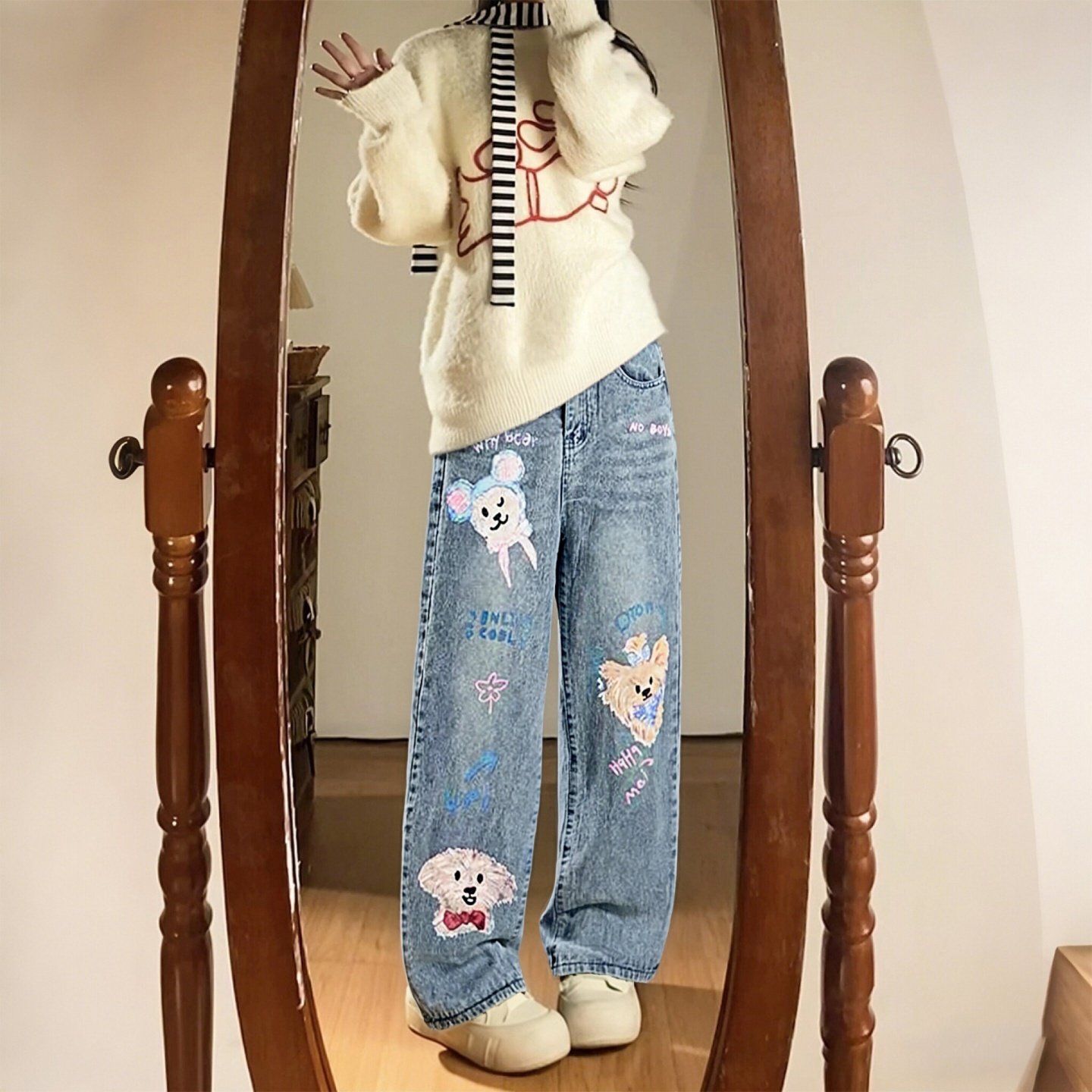 特大码女装胖mm美式卡通风涂鸦牛仔裤女梨型高腰显瘦阔腿直筒裤子,女装/女士精品,大码裤装,淘宝优惠券,粉丝福利购,淘宝优惠卷