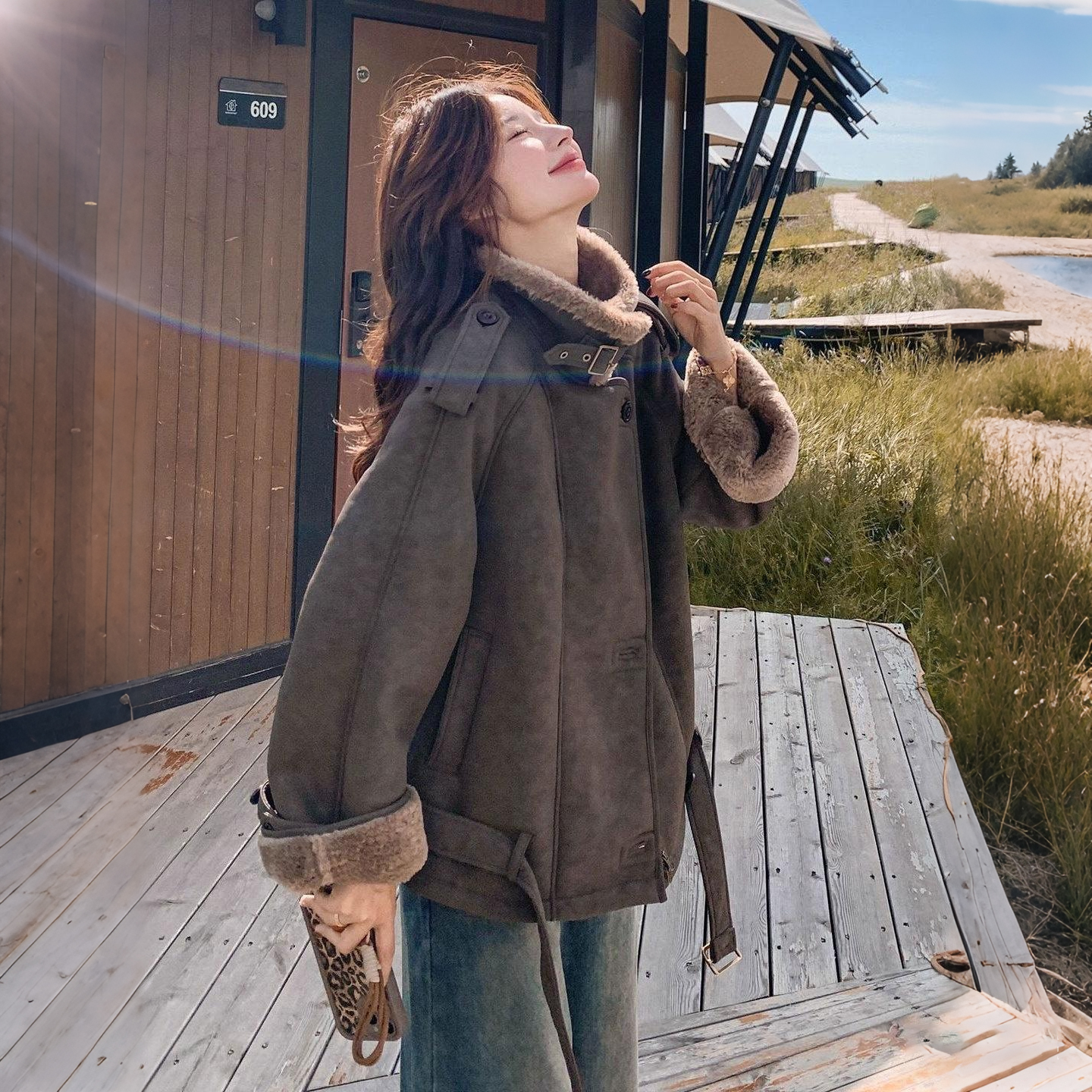 300斤大码皮毛一体羊羔毛外套女