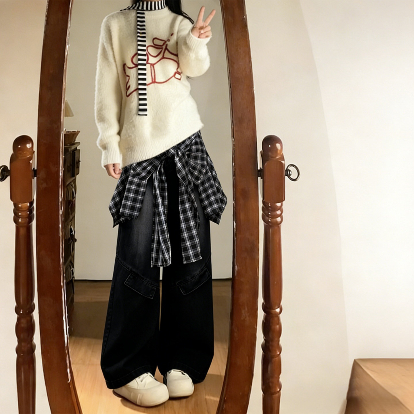 300斤大码女装胖mm复古假两件格纹拼接牛仔裤高腰显瘦百搭阔腿裤,女装/女士精品,大码裤装,淘宝优惠券,粉丝福利购,淘宝优惠卷