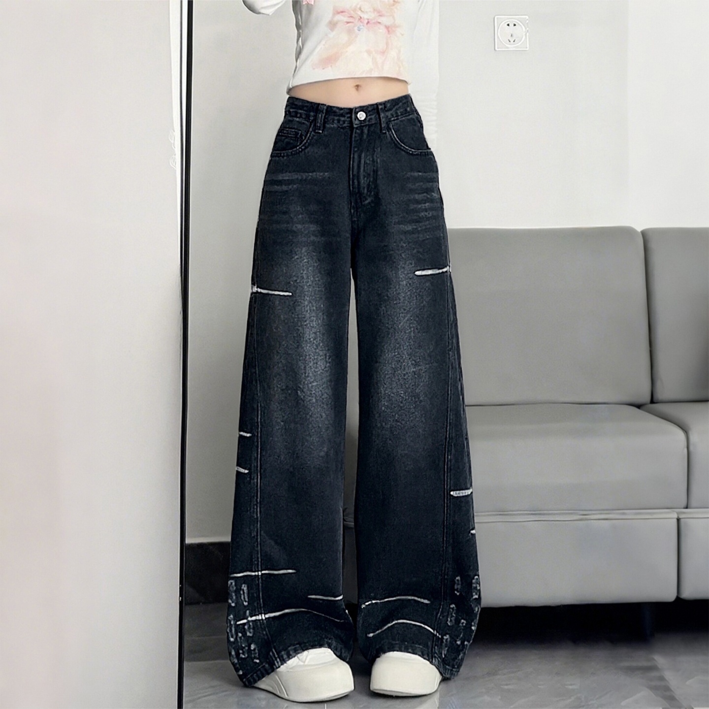 300斤大码女装胖mm设计感破洞牛仔裤女高腰显瘦百搭不贴腿阔腿裤