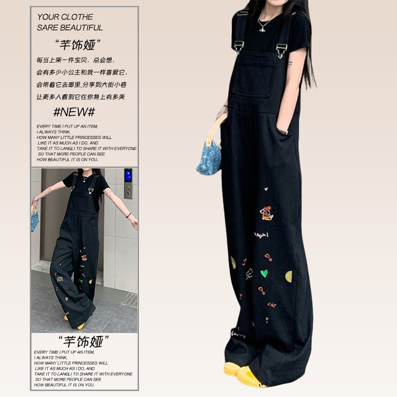 大码女装2025新款胖mm美式复古卡通刺绣背带裤女高腰显瘦阔腿裤