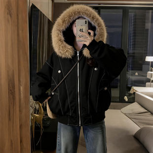 显瘦派克服加厚保暖棉衣外套潮 毛领连帽棉服女冬季 300斤大码 女装