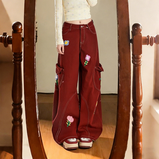 300斤大码女装胖mm工装风刺绣花朵阔腿牛仔裤女高腰显瘦工装裤潮