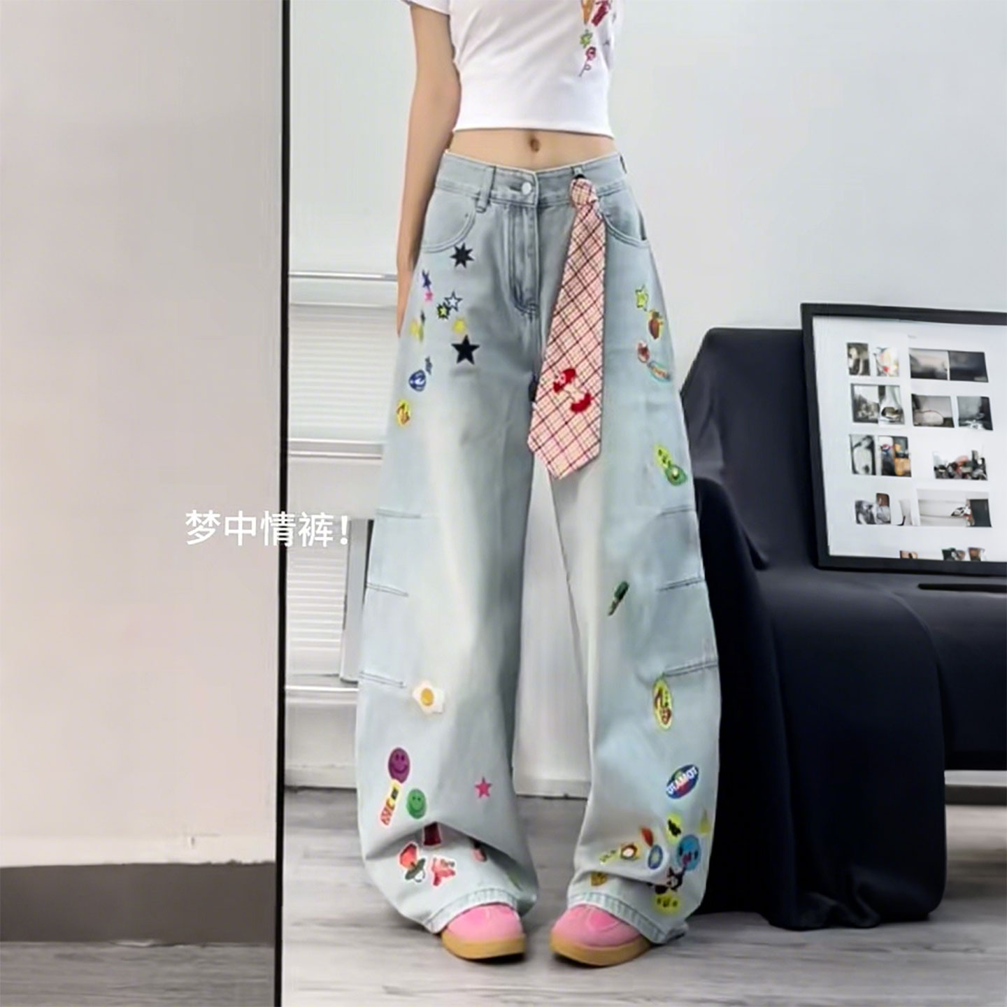 大码美式复古卡通贴纸牛仔裤女