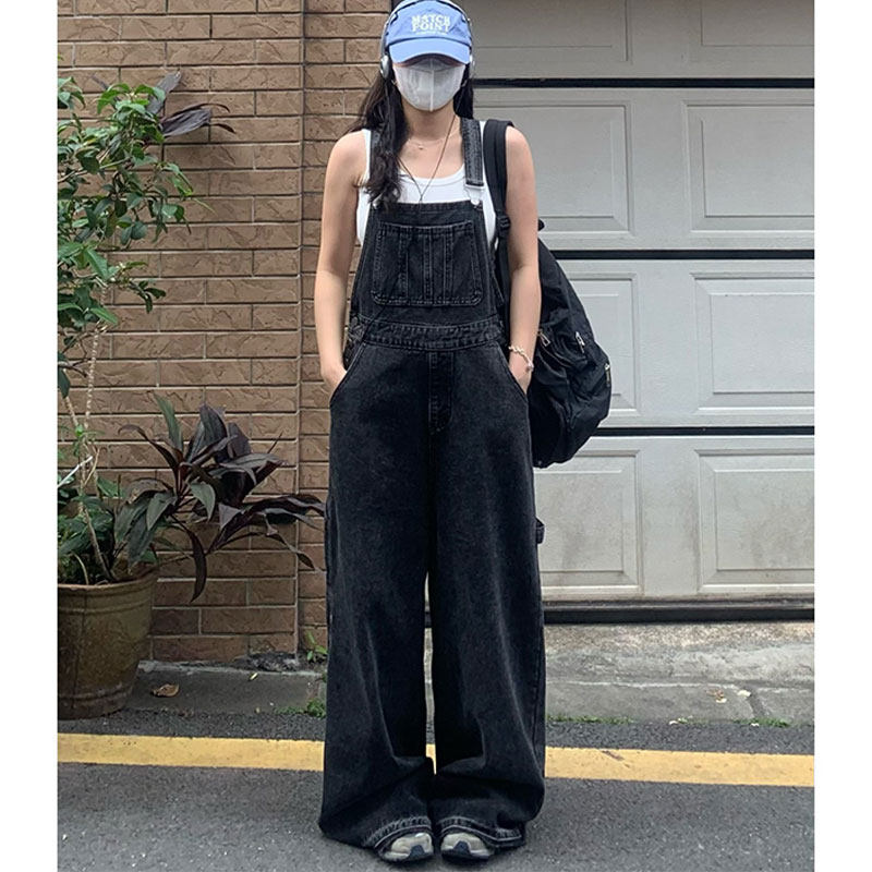 2-300斤加肥加大胖mm复古牛仔背带裤女夏季宽松显瘦遮肚阔腿长裤