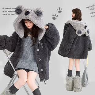 300斤胖mm大码 可爱树袋熊连帽羊羔毛外套宽松毛绒保暖棉衣外套潮