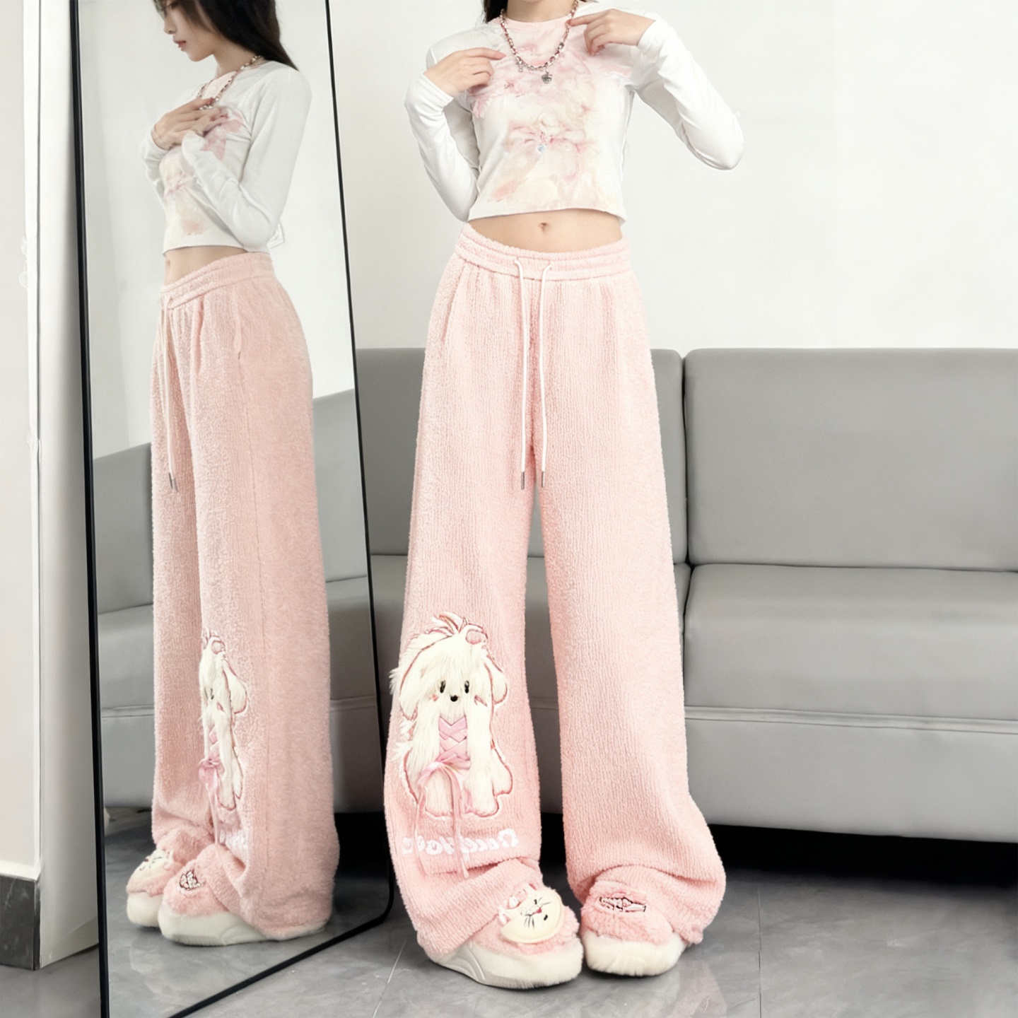 300斤特大码女装可爱小狗刺绣裤