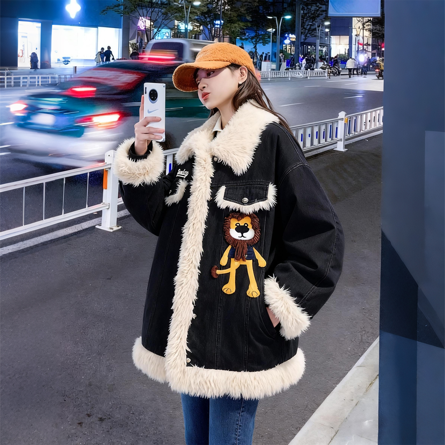 300斤大码女装卡通风毛绒领牛仔外套女加厚保暖刺绣设计感棉服潮