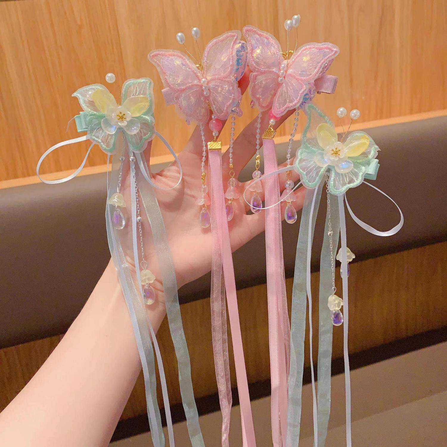 宝宝女童古风发卡新中式汉服配饰超仙飘带蝴蝶发夹头饰
