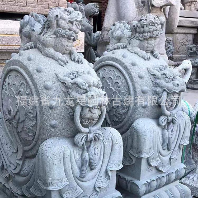 石雕门墩石狮子大象抱鼓石摆件青石做旧芝麻白石材貔貅抱鼓石方形