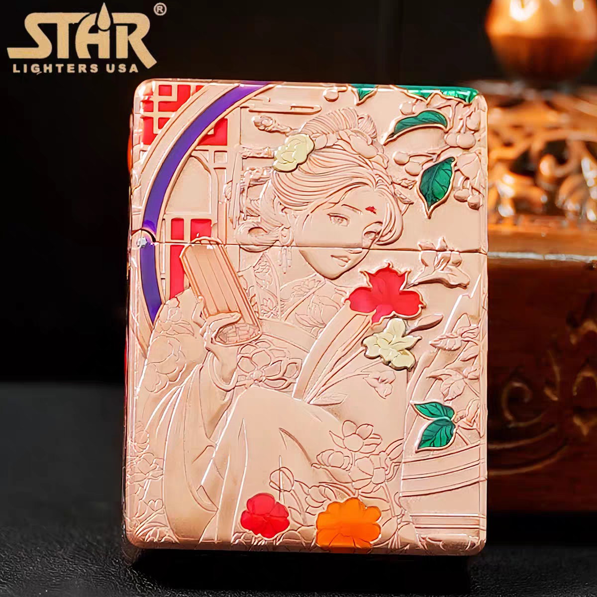 STAR恒星ST9紫铜珐琅彩浮雕红豆相思煤油打火机紫铜煤油机送男友