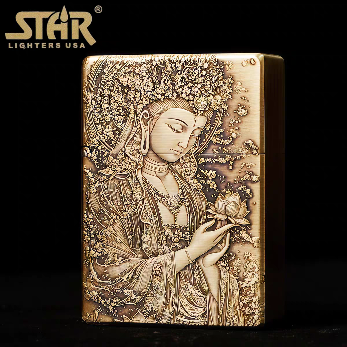 STAR恒星ST9机型黄铜做旧浮雕持莲观音煤油打火机黄铜煤油机