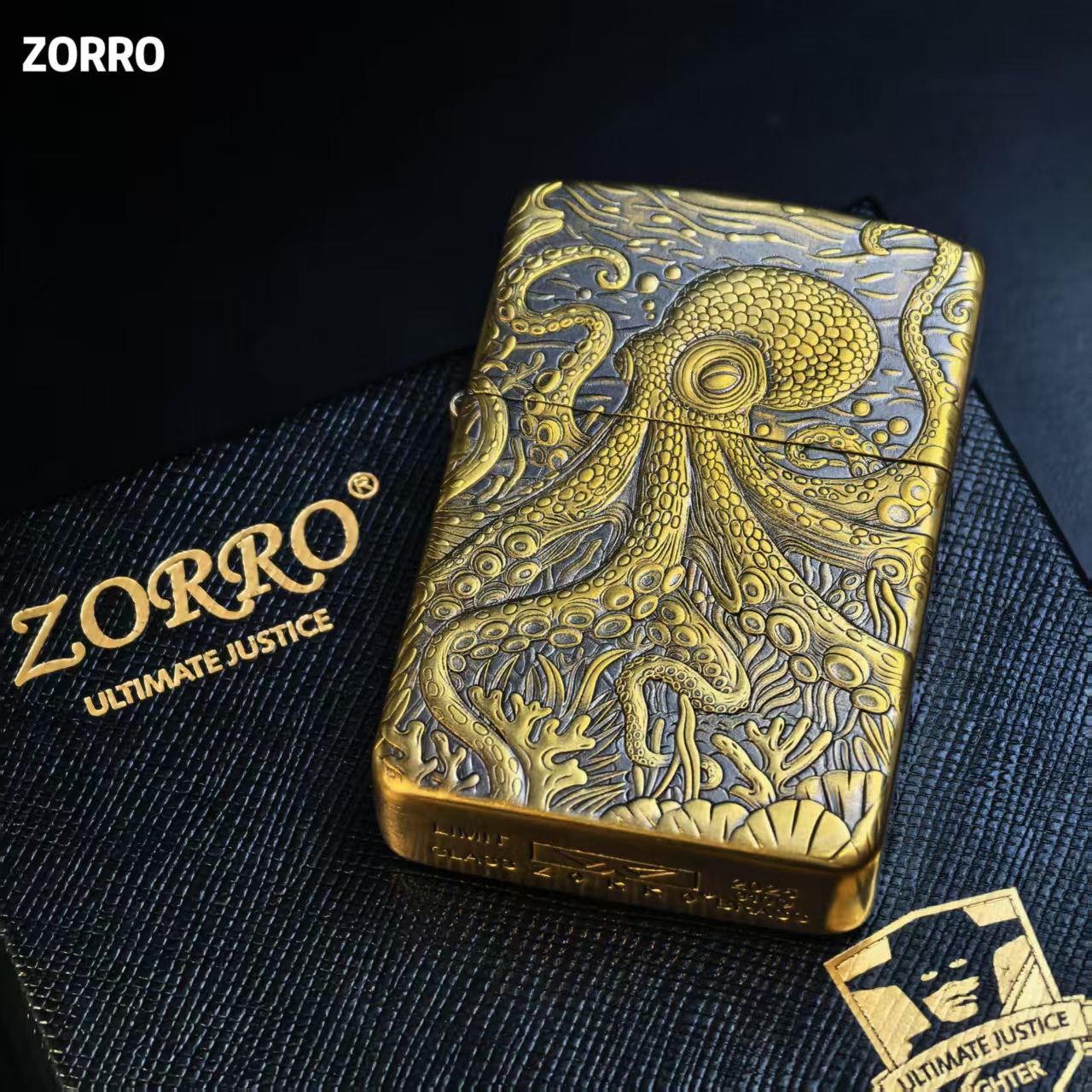 ZORRO佐罗910s黄铜高浮雕八方来财八爪鱼煤油打火机盔甲煤油机
