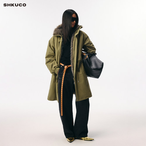SHKUCO 环保狐狸毛 经典立领廓形中长款派克棉服毛毛外套