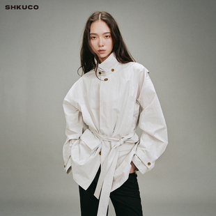 SHKUCO 简约系带四口袋低腰夹克 早秋轻薄立领肌理纸感风衣外套