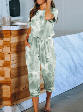 极速Womend Casual Sleepwear Set Tie-dye Leisure Short Sleeve