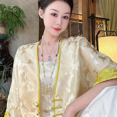 新中式上衣女盘扣七分袖桑蚕丝A衬衫真丝防晒衫国风外套缎面衬衣