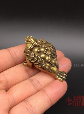实心黄铜金蟾摆i件 铜钱钱串迷你小金蟾手把件 铜艺包浆铜器