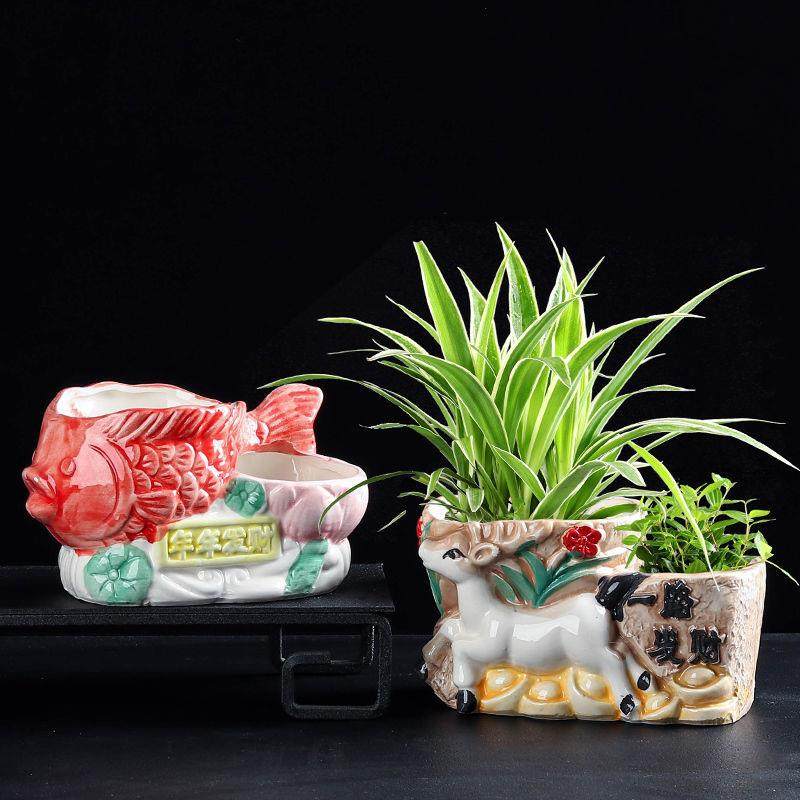 极速大号陶瓷花盆双孔特价盆栽花盆创H意肉肉大口径个性文竹发财