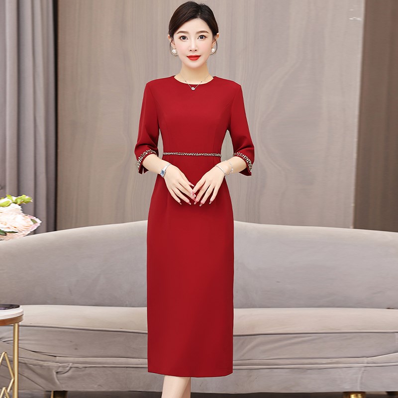 喜婆婆婚宴装气质连衣p裙红色小礼服裙子女儿结婚妈妈穿的服装秋