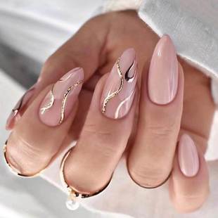 极速24Pcs Pink Almond False Nyails Shiny Golden Ripples Stil
