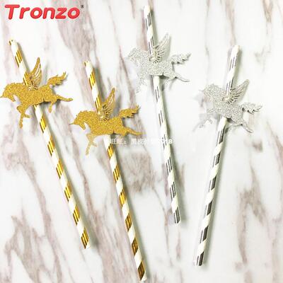 极速25pcs/lot Unicoprn Party Golden Paper Straw Unicorn Pa