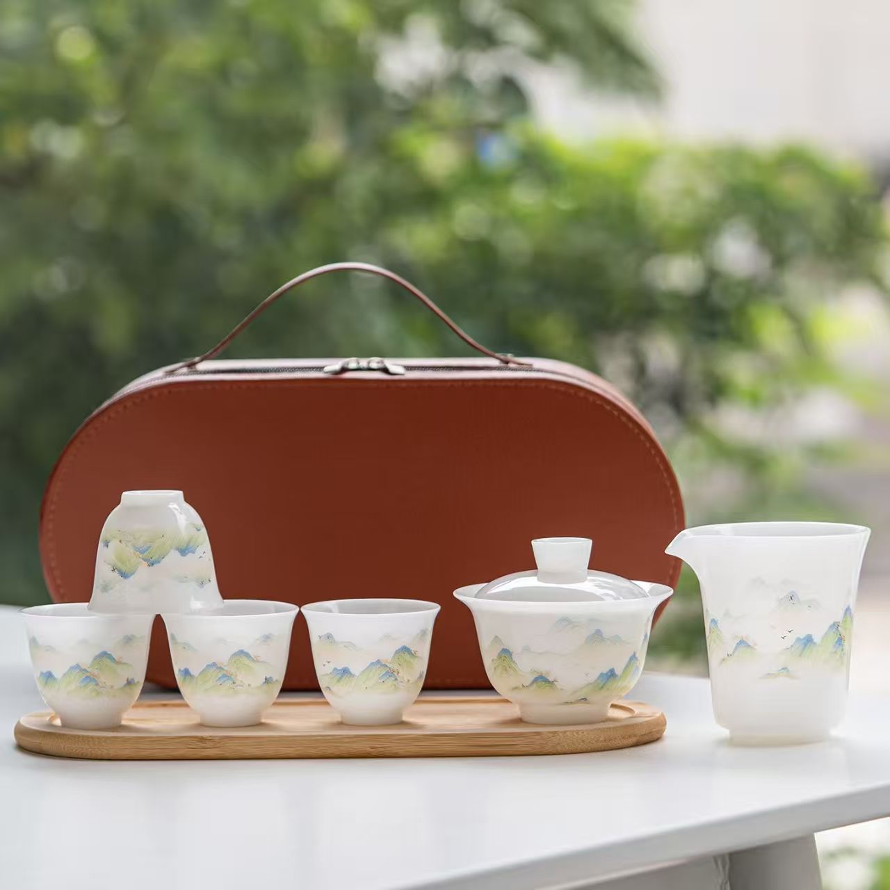 璞玉瓷高档户外旅行茶具套装陶瓷快客杯盖碗玻 璃公杯便携