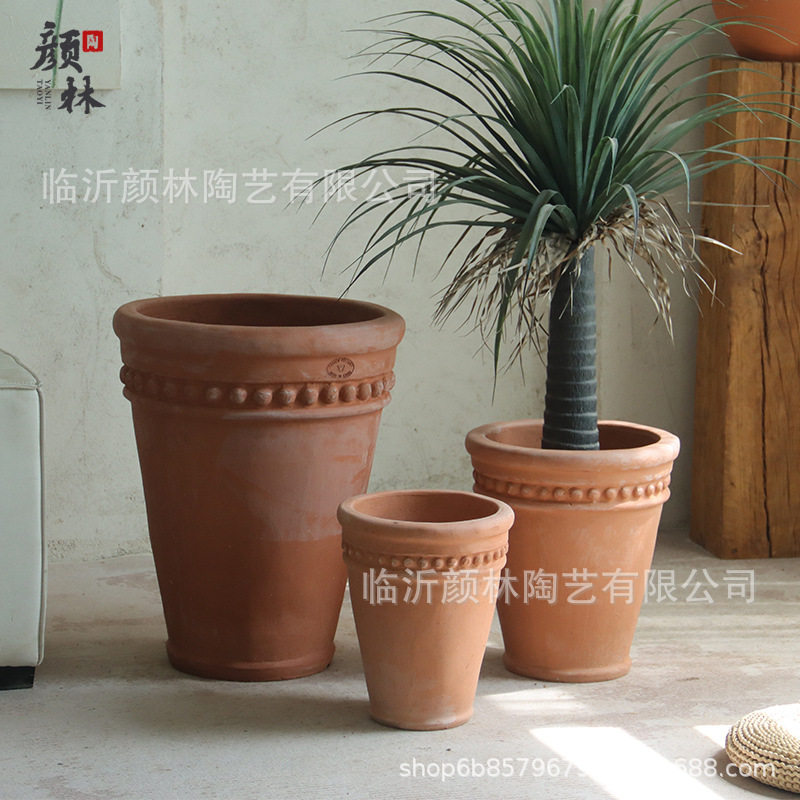 简约手工粗陶盆ins风复古做旧红陶花盆美式田园庭院阳台装饰透气