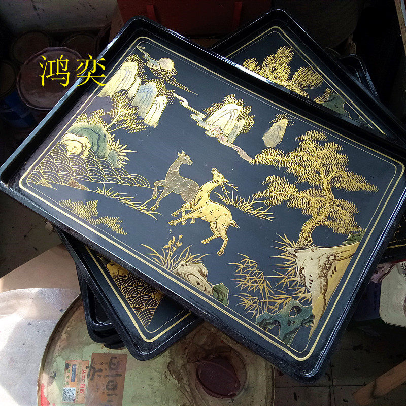 新款中式描金手绘托盘漆器木质茶盘 欧式设计茶具收纳盘茶几摆盘