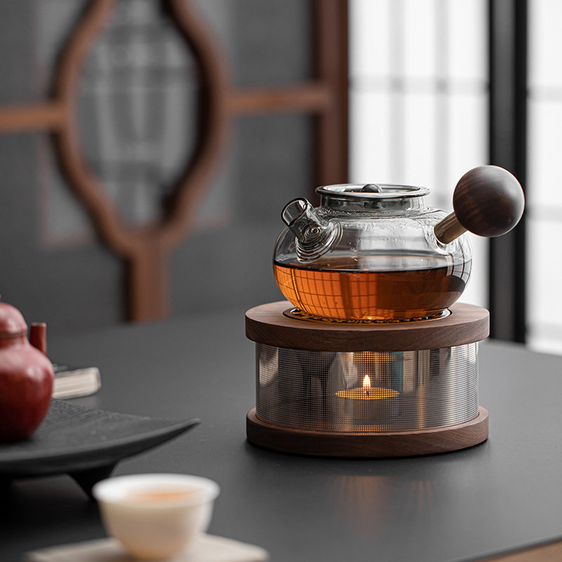 大岸堂胡桃木温茶器煮茶玻璃壶加热底座茶具蜡烛加热保温炉温茶炉