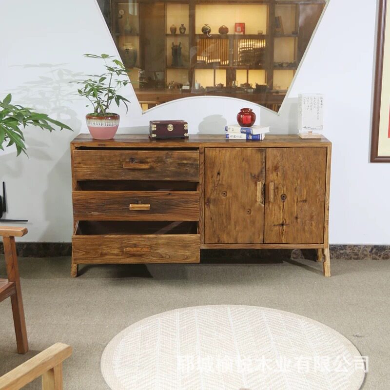 中式实木餐边柜民宿茶庄榆木斗柜储物茶水矮柜复古玄关收纳储物柜