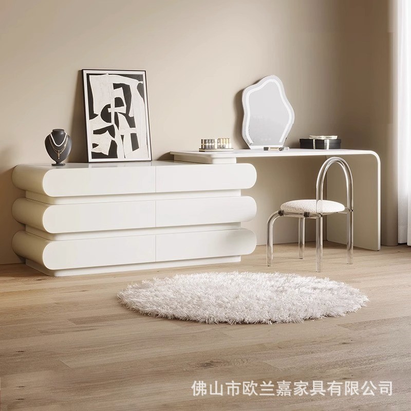 宜洛意式极简梳妆台斗柜一体卧室现代简约实木奶油白色伸缩化妆桌