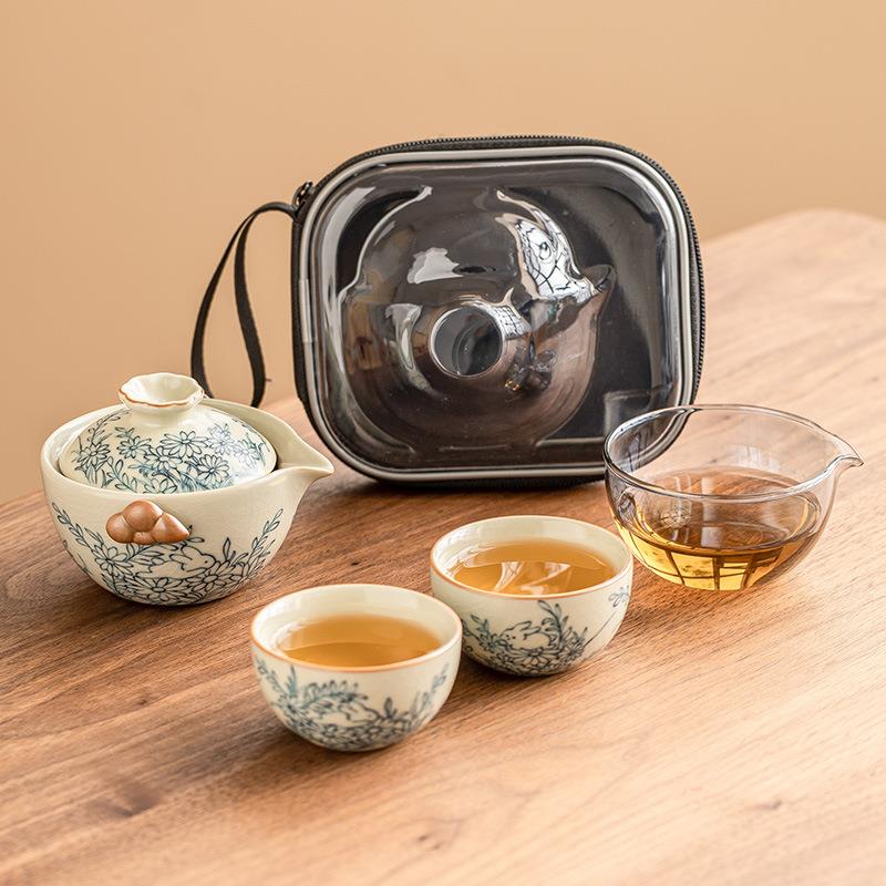 向阳花萌兔汝窑一壶两杯便携式户外旅行茶具套装陶瓷茶壶茶杯