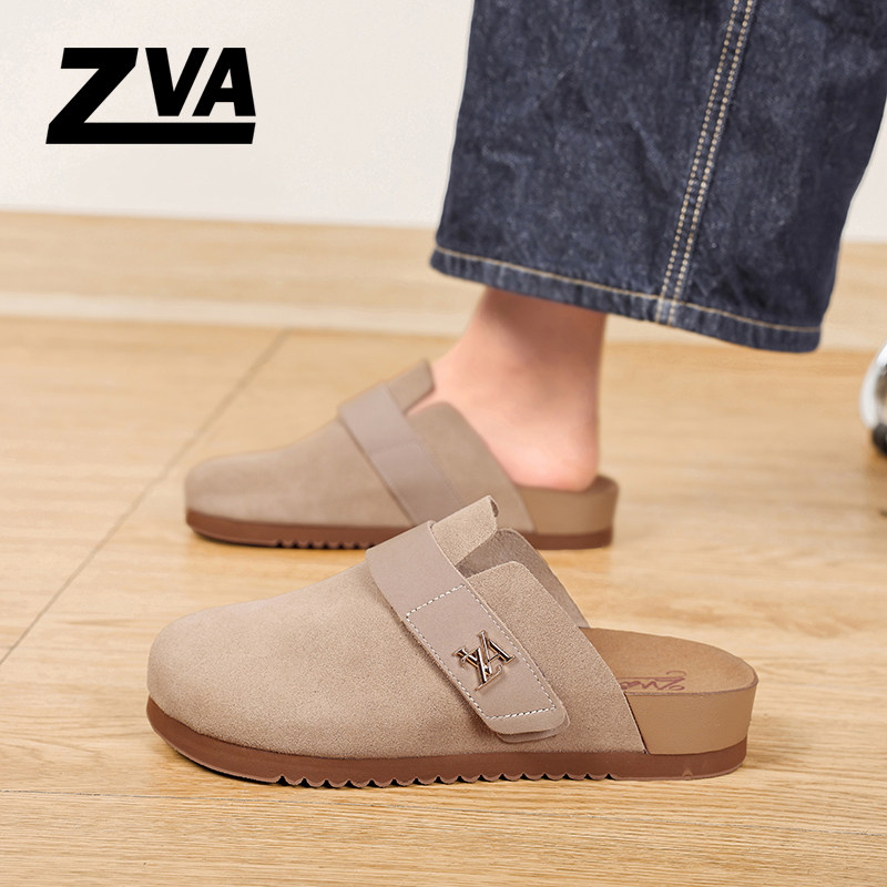 ZVA勃肯半托鞋女真皮包头拖鞋防滑一脚蹬懒人外穿魔术贴厚底女款