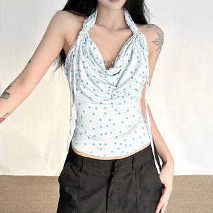挂脖波点吊带修身上衣女 Hanging neck polka dot suspender slim