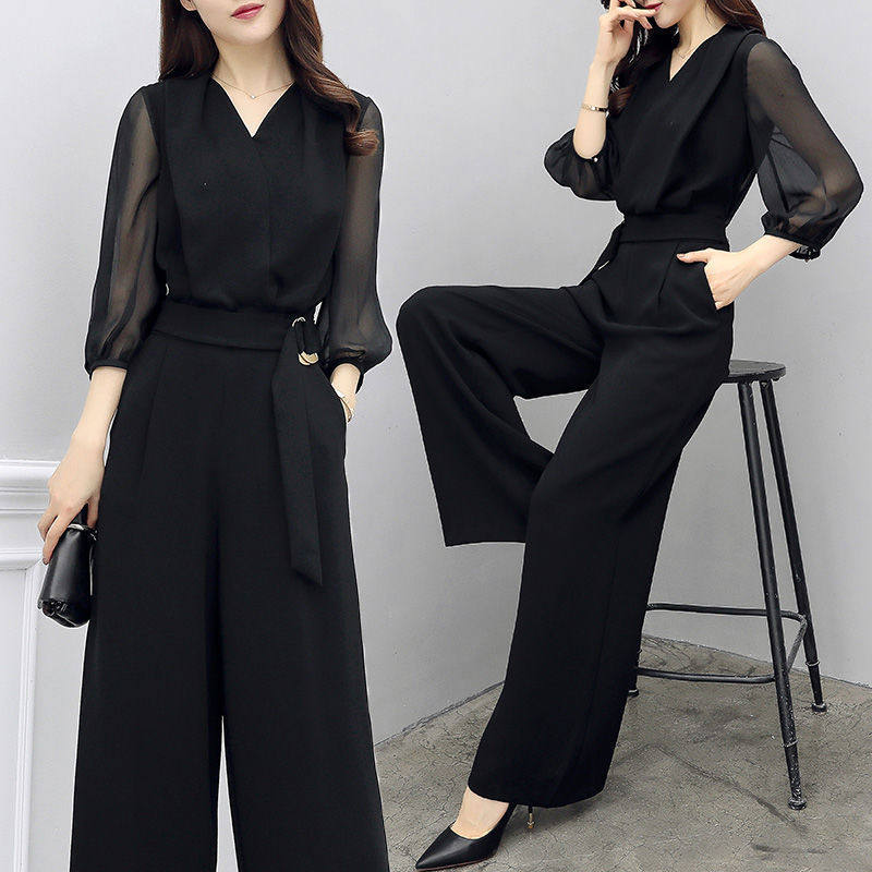 Solid color slim fit wide leg jumpsuit女士纯色修身阔腿连体裤