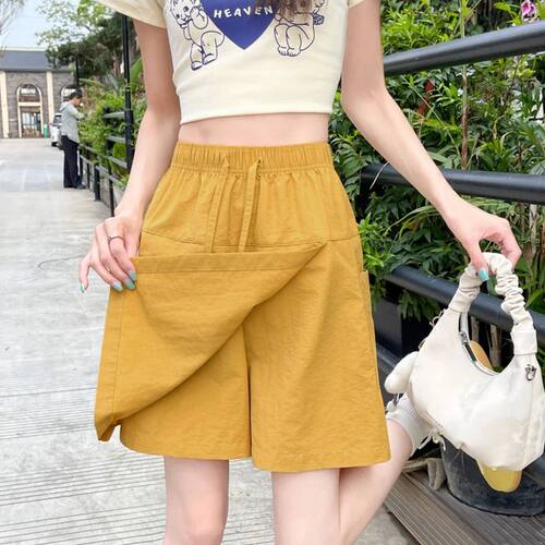 高腰抽绳宽松五分短裤女