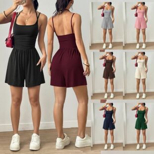 简约吊带连体短裤女士夏季收腰显瘦阔腿裤套装Solid color casual