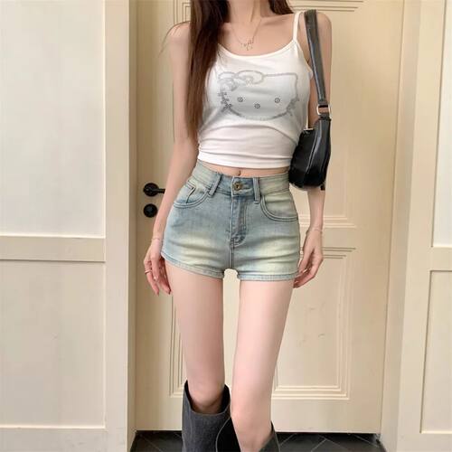 高腰修身牛仔包臀短裤女