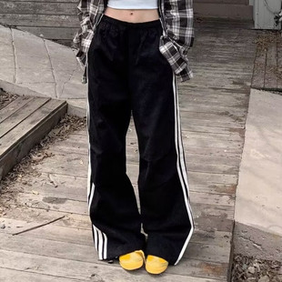 wide 运动条纹系带宽松阔腿裤 legged pants striped Loose