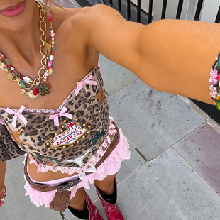 蝴蝶结豹纹露背修身背心女Bow leopard print backless slim vest