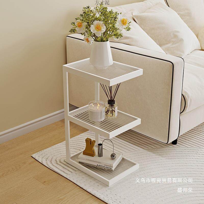 客厅沙发边几奶油风玻璃角几家用落地置物架极窄床头柜床边置物架