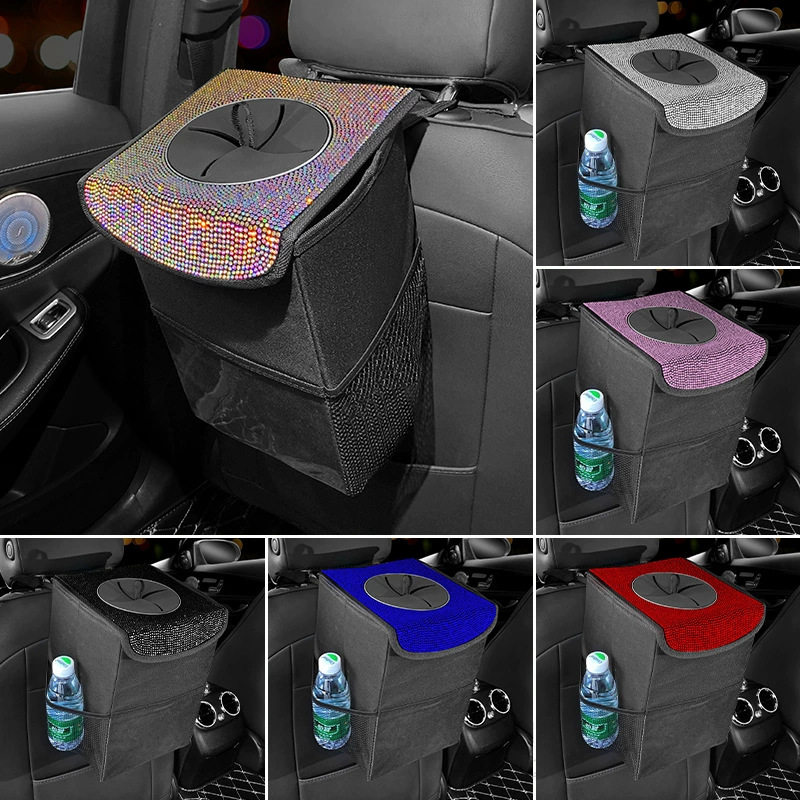 汽车多功能椅背收纳袋车载镶钻垃圾桶翻盖防水汽车折叠收纳箱储物