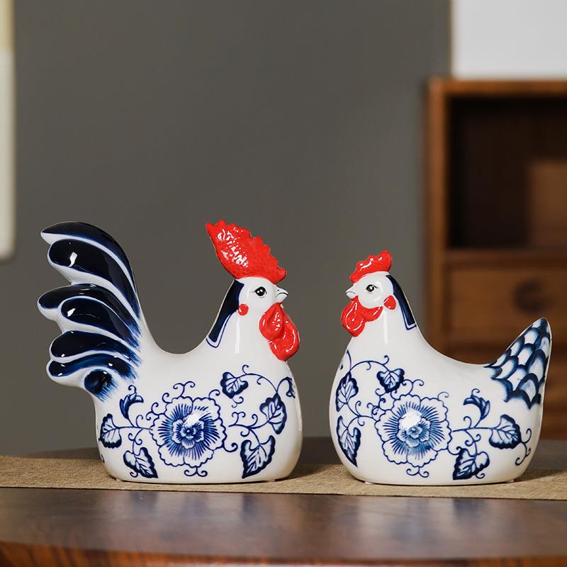 新品青花瓷陶瓷对鸡摆件客厅饰品陶瓷摆件吉祥鸡中式可爱对鸡摆件