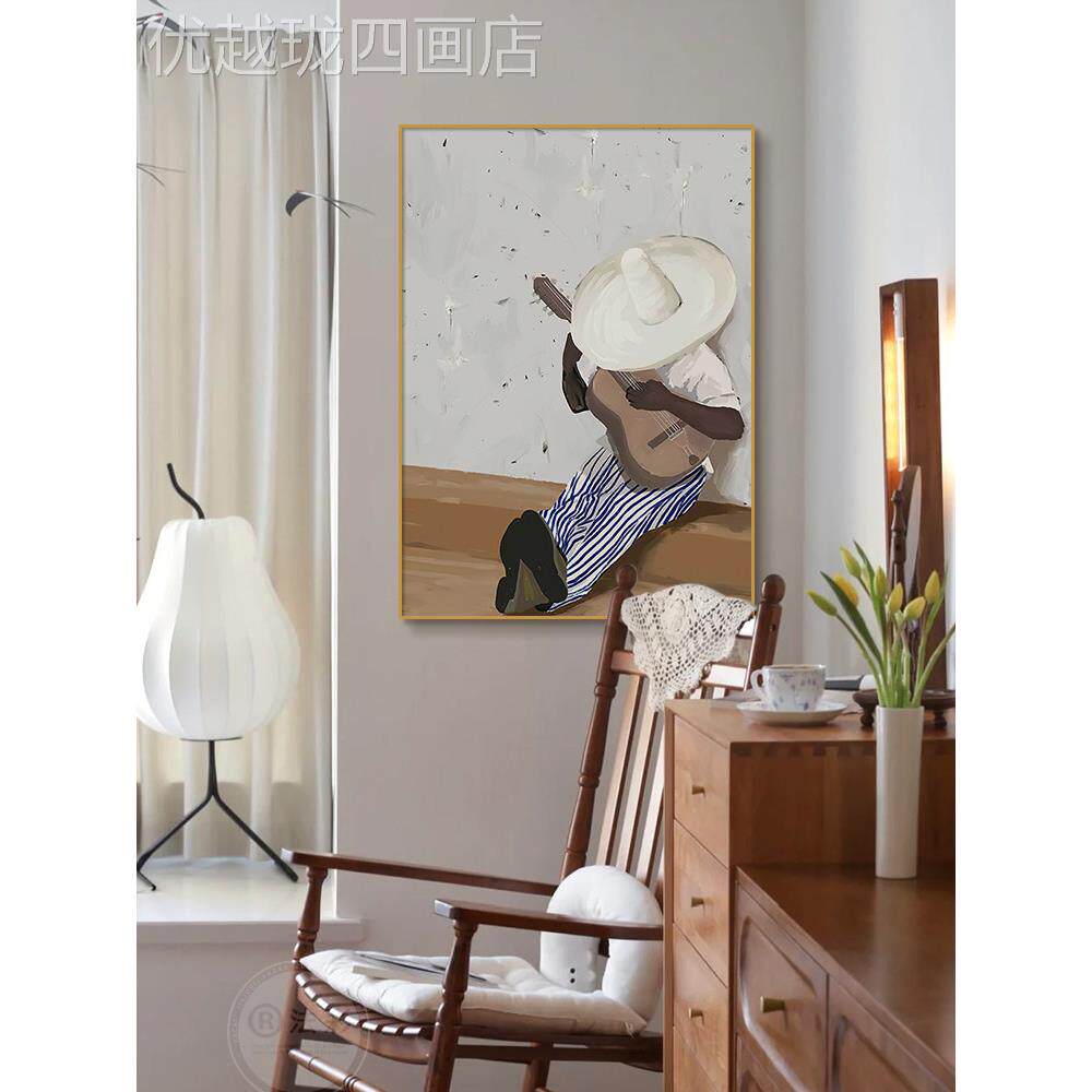 网红现代美式弹仔艺术画客玄关装插饰画民宿背景牛墙壁竖版琴厅挂